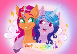 Size: 2048x1431 | Tagged: safe, artist:art_alanis, derpibooru import, izzy moonbow, sunny starscout, earth pony, pony, unicorn, duo, g5, gradient background, hoof to heart, image, jpeg
