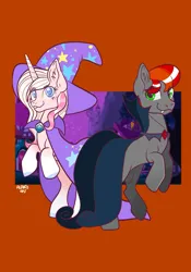 Size: 1431x2048 | Tagged: safe, artist:art_alanis, derpibooru import, oc, oc:jinty, unofficial characters only, earth pony, pony, unicorn, cape, clothes, duo, hat, image, jpeg, ponyville