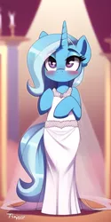 Size: 512x1024 | Tagged: safe, derpibooru import, machine learning generated, novelai, stable diffusion, trixie, semi-anthro, unicorn, blushing, clothes, cute, diatrixes, female, horn, image, png, solo