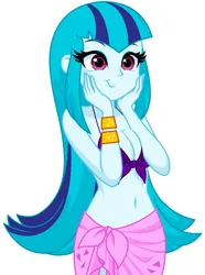 Size: 947x1273 | Tagged: safe, artist:rosemile mulberry, derpibooru import, sonata dusk, human, equestria girls, belly button, bikini, breasts, cleavage, clothes, cute, female, hands on cheeks, image, loose hair, png, sarong, simple background, solo, sonatabetes, swimsuit, updated design, white background