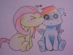 Size: 640x480 | Tagged: safe, artist:fluttersdoodles, derpibooru import, fluttershy, rainbow dash, :o, blushing, female, flutterdash, folded wings, image, jpeg, kiss on the cheek, kissing, lesbian, open mouth, shipping, sitting, surprised, wings