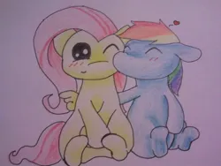 Size: 640x480 | Tagged: safe, artist:fluttersdoodles, derpibooru import, fluttershy, rainbow dash, blushing, eyes closed, female, flutterdash, folded wings, image, jpeg, kiss on the cheek, kissing, lesbian, one eye closed, open mouth, shipping, sitting, surprised, wings, wink