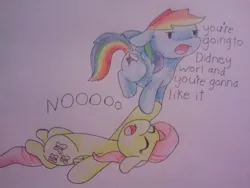 Size: 640x480 | Tagged: safe, artist:fluttersdoodles, derpibooru import, fluttershy, rainbow dash, carrying, dialogue, dragging, female, flutterdash, flying, image, jpeg, lesbian, noooooooo, shipping