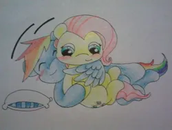 Size: 640x480 | Tagged: safe, artist:fluttersdoodles, derpibooru import, fluttershy, rainbow dash, blushing, eyes closed, female, flutterdash, hug, image, jpeg, lesbian, pillow, shipping, smiling, winghug, wings