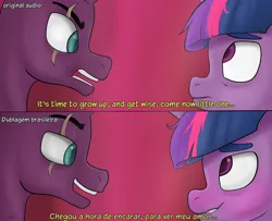 Size: 3057x2480 | Tagged: safe, artist:ulaaviz, derpibooru import, tempest shadow, twilight sparkle, twilight sparkle (alicorn), alicorn, pony, unicorn, brazilian portuguese, caption, derpibooru exclusive, english, female, image, jpeg, lesbian, multi language, portuguese, shipping, text