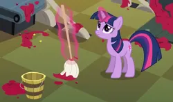 Size: 2048x1203 | Tagged: safe, derpibooru import, screencap, twilight sparkle, pony, unicorn, season 2, the last problem, cleaning, cropped, female, image, magic, mare, mop, png, solo, telekinesis, unicorn twilight