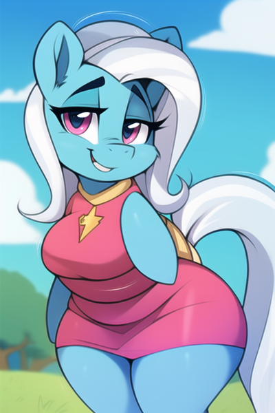 Size: 768x1152 | Tagged: safe, derpibooru import, machine learning generated, novelai, stable diffusion, trixie, semi-anthro, breasts, clothes, cloud, female, image, looking at you, png, sky, solo, thighs, tree, wide hips