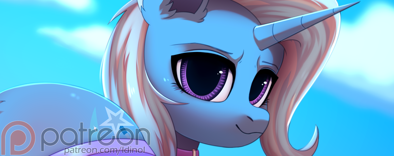 Size: 3678x1464 | Tagged: suggestive, artist:dinoalpaka, derpibooru import, trixie, pony, advertisement, blushing, collar, female, image, looking at you, looking back, looking back at you, mare, patreon, patreon link, patreon logo, patreon preview, png, solo, solo female