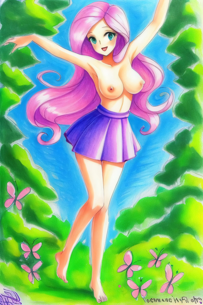 Size: 2048x3072 | Tagged: questionable, derpibooru import, machine learning generated, purplesmart.ai, stable diffusion, fluttershy, butterfly, human, insect, arms in the air, barefoot, breasts, busty fluttershy, clothes, dancing, feet, humanized, image, legs, open mouth, partial nudity, png, skirt, solo, topless, traditional art emulation