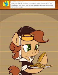 Size: 700x900 | Tagged: safe, artist:subjectnumber2394, derpibooru import, oc, oc:copper wings, pegasus, pony, ask, ask copper wings, clothes, comic, eating, food, goggles, image, jacket, plate, png, waffle, wingless