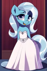 Size: 768x1152 | Tagged: safe, derpibooru import, machine learning generated, novelai, stable diffusion, trixie, semi-anthro, clothes, cute, diatrixes, dress, female, image, looking at you, open mouth, png, solo, wedding dress