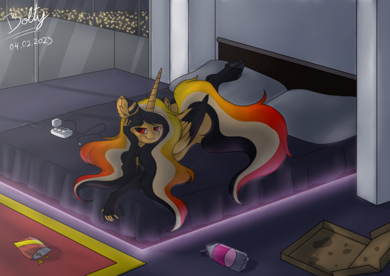 Size: 3508x2480 | Tagged: suggestive, artist:lightning bolty, derpibooru import, neon lights, rising star, oc, oc:lightning bolty, alicorn, anthro, alicorn oc, bed, bottle, carpet, chips, city, food, horn, image, led, long mane, long tail, messy room, night, phone, pizza box, png, room, shading, signature, soda bottle, tail, window, wings