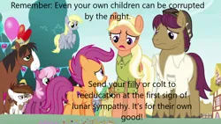 Size: 1280x720 | Tagged: safe, derpibooru import, edit, edited screencap, screencap, cheerilee, derpy hooves, pipsqueak, scootaloo, trouble shoes, earth pony, pegasus, pony, caption, colt, female, filly, foal, image, image macro, male, mare, png, propaganda, scootaloo's parents, stallion, text