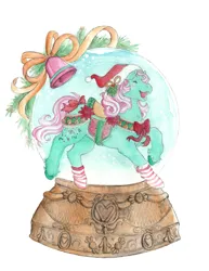 Size: 1800x2329 | Tagged: safe, artist:birman-ink, derpibooru import, minty, a very minty christmas, bell, christmas, clothes, g3, holiday, image, jpeg, simple background, snow globe, socks, solo, traditional art, watercolor painting, white background