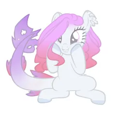 Size: 2418x2252 | Tagged: safe, artist:harusocoma, derpibooru import, oc, original species, pony, shark, shark pony, the mane attraction, base used, cute, gradient tail, happy, hooves on face, image, pink mane, png, purple tail, simple background, sitting, smiling, solo, tail, white background, white tail