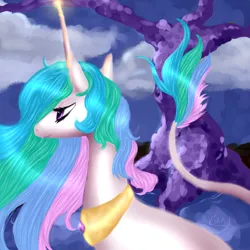 Size: 1024x1024 | Tagged: safe, artist:kinjareta, derpibooru import, princess celestia, alicorn, pony, cloud, cloudy, female, image, jewelry, jpeg, looking offscreen, mare, regalia, side view, solo, tree