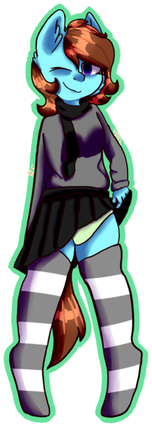 Size: 1020x2859 | Tagged: suggestive, artist:trr_bc, derpibooru import, oc, unofficial characters only, earth pony, pony, blue eyes, brown hair, clothes, commission, image, one eye closed, panties, png, simple background, skirt, skirt lift, smiling, socks, stockings, thigh highs, transparent background, underwear, wink