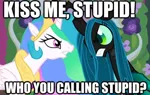 Size: 529x334 | Tagged: safe, derpibooru import, edit, princess celestia, queen chrysalis, alicorn, changeling, changeling queen, caption, female, image, image macro, jpeg, looking at each other, looking at someone, stare, text