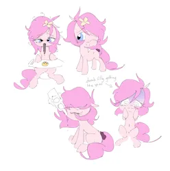 Size: 5992x6040 | Tagged: safe, artist:parfait, derpibooru import, oc, oc:kayla, unofficial characters only, earth pony, pony, alcohol, dizzy, drawing, drinking, drunk, female, filly, flower, flower in hair, foal, image, png, scrunchie, tired