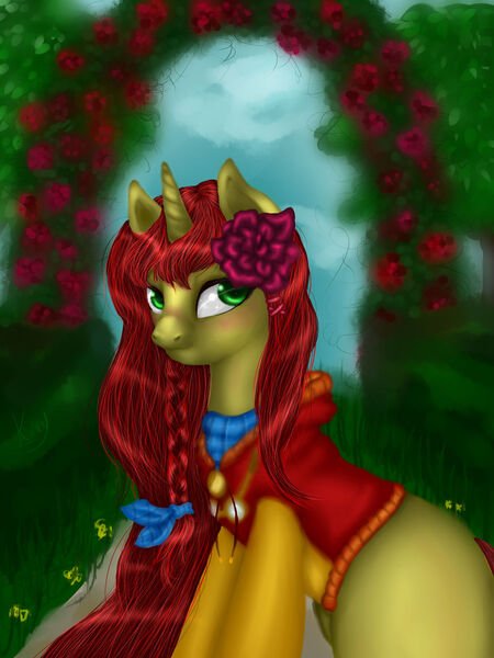 Size: 1024x1366 | Tagged: safe, artist:kinjareta, derpibooru import, oc, oc:gallow wisp, unofficial characters only, pony, unicorn, clothes, female, flower, garden, image, jpeg, long mane, looking at you, mare, side view, solo, vest