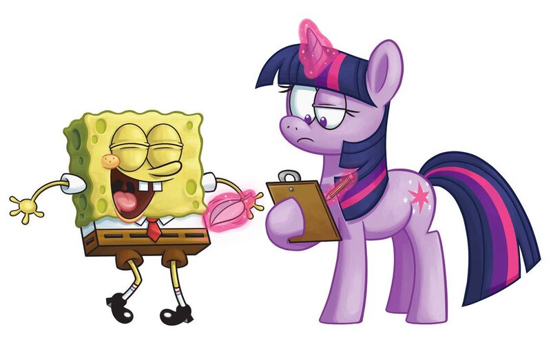 Size: 1126x710 | Tagged: safe, artist:sidruni, derpibooru import, twilight sparkle, unicorn, crossover, feather, image, jpeg, magic, spongebob squarepants, spongebob squarepants (character), tickling