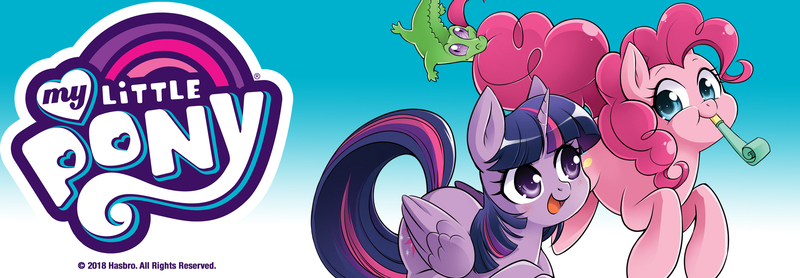Size: 1800x625 | Tagged: safe, derpibooru import, seven seas, gummy, pinkie pie, twilight sparkle, twilight sparkle (alicorn), alicorn, alligator, crocodile, pony, blue background, duo, duo female, facebook cover, female, gradient background, hasbro, header, horn, image, jpeg, looking at each other, looking at someone, multicolored background, my little pony logo, open mouth, pet, purple wings, simple background, twitter header, white background, wings