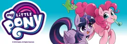 Size: 1800x625 | Tagged: safe, derpibooru import, seven seas, gummy, pinkie pie, twilight sparkle, twilight sparkle (alicorn), alicorn, alligator, crocodile, pony, blue background, duo, duo female, facebook cover, female, gradient background, hasbro, header, horn, image, jpeg, looking at each other, looking at someone, multicolored background, my little pony logo, open mouth, pet, purple wings, simple background, twitter header, white background, wings