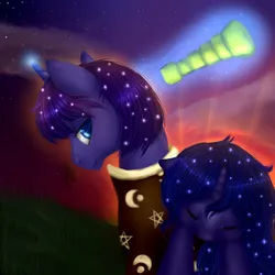 Size: 1024x1024 | Tagged: safe, artist:kinjareta, derpibooru import, oc, oc:asterisk, oc:moon dust, unofficial characters only, unicorn, blurry background, carrying, eyes closed, image, jpeg, looking at you, looking back, looking back at you, night, sleeping