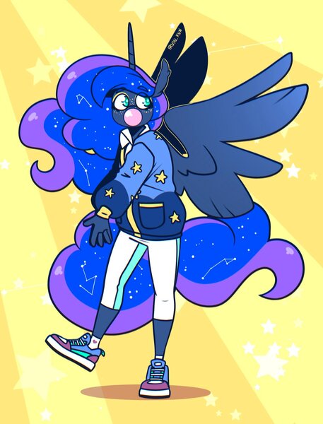 Size: 1543x2025 | Tagged: safe, artist:lrusu, derpibooru import, princess luna, alicorn, anthro, abstract background, bubblegum, clothes, food, gum, image, jpeg, leggings, shoes, sneakers, socks, solo, sweater