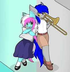 Size: 3406x3501 | Tagged: safe, artist:llhopell, derpibooru import, oc, oc:hope(llhopell), oc:soffy, unofficial characters only, anthro, earth pony, pegasus, chin fluff, clothes, ear fluff, female, image, jpeg, male, oc x oc, pillow, shipping, shirt, shorts, simple background, skirt, straight, trombone