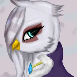 Size: 1024x1024 | Tagged: safe, artist:kinjareta, derpibooru import, oc, oc:guilt, unofficial characters only, gryphon, eyeshadow, female, griffon oc, image, jewelry, jpeg, looking at you, makeup, necklace, sideview, solo