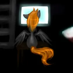 Size: 1024x1024 | Tagged: safe, artist:kinjareta, derpibooru import, oc, unofficial characters only, pegasus, pony, image, jpeg, male, rear view, simple background, solo, stallion, television