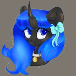 Size: 1600x1600 | Tagged: safe, artist:salicsa, derpibooru import, oc, oc:blue visions, unofficial characters only, changeling, bell, bow, bust, changeling oc, cute, eyes open, female, gray background, hair bow, image, jewelry, looking sideways, necklace, png, portrait, simple background, solo