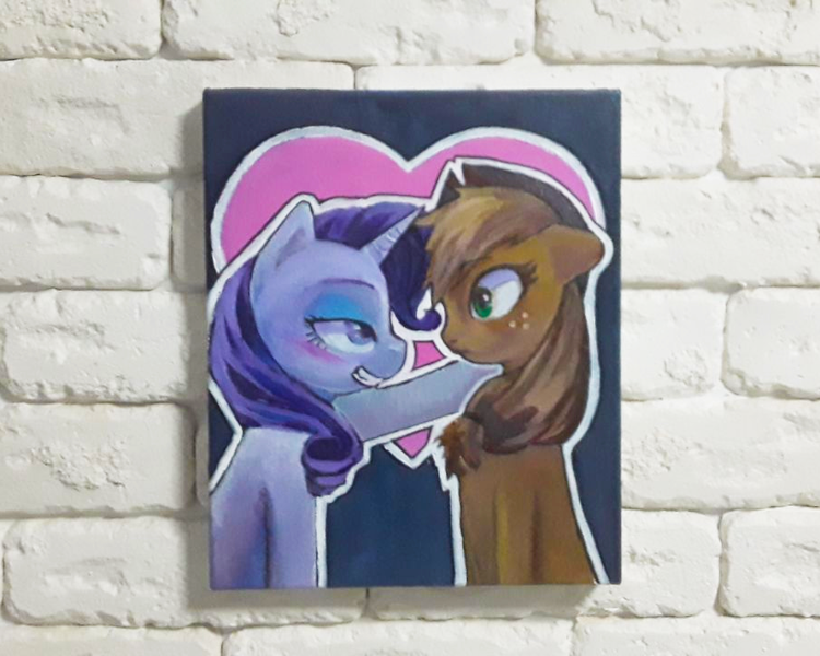 Size: 900x720 | Tagged: safe, artist:made_by_franch, derpibooru import, applejack, rarity, pony, acrylic painting, female, image, lesbian, love, png, rarijack, shipping, smiling, solo, traditional art