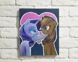 Size: 900x720 | Tagged: safe, artist:made_by_franch, derpibooru import, applejack, rarity, pony, acrylic painting, female, image, lesbian, love, png, rarijack, shipping, smiling, solo, traditional art