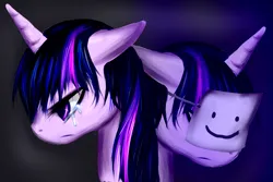 Size: 1024x684 | Tagged: safe, artist:kinjareta, derpibooru import, twilight sparkle, unicorn, crying, duo, emotional, image, jpeg, looking offscreen, mask, sad, simple background, unicorn twilight