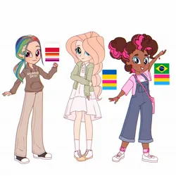 Size: 2048x2048 | Tagged: safe, artist:cryweas, derpibooru import, fluttershy, pinkie pie, rainbow dash, human, equestria girls, bag, bracelet, brazil, cardigan, clothes, converse, dark skin, denim, dress, eyeshadow, female, grin, hair over one eye, hoodie, humanized, image, jeans, jewelry, jpeg, lesbian pride flag, makeup, nail polish, overalls, pansexual pride flag, pants, poland, polish, pride, pride flag, ring, shirt, shoes, simple background, skirt, smiling, sneakers, socks, t-shirt, ukraine, ukraine flag, white background