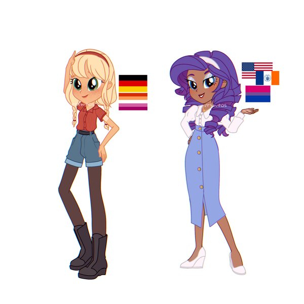 Size: 2048x2048 | Tagged: safe, artist:cryweas, derpibooru import, applejack, rarity, human, equestria girls, alternate hairstyle, american flag, bisexual pride flag, blushing, boots, clothes, dark skin, denim, denim shorts, eyeshadow, farmer's tan, female, flag, flannel, freckles, german, germany, grin, hairband, high heels, humanized, image, jewelry, jpeg, lesbian pride flag, lipstick, makeup, necklace, pride, pride flag, shirt, shoes, shorts, simple background, skirt, smiling, socks, stockings, tan lines, thigh highs, white background