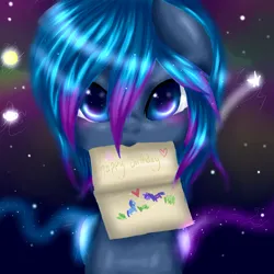 Size: 1024x1024 | Tagged: safe, artist:kinjareta, derpibooru import, oc, unofficial characters only, pony, birthday, birthday card, gift art, image, jpeg, looking at you, mouth hold, shooting star, solo, starry night