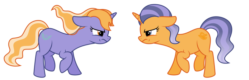 Size: 1620x520 | Tagged: safe, artist:melisareb, derpibooru import, oc, oc:imperii solem (empirica sol), oc:lunae novae (new luna), ponified, unofficial characters only, pony, unicorn, derpibooru, .svg available, angry, april fools 2023, derpibooru exclusive, derpibooru ponified, duo, duo female, ethereal mane, ethereal tail, female, gradient mane, gradient tail, image, looking at each other, looking at someone, mare, meta, png, sibling rivalry, siblings, simple background, sisters, tail, transparent background, vector