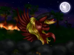 Size: 1024x768 | Tagged: safe, artist:kinjareta, derpibooru import, oc, oc:rainbow flashover, unofficial characters only, pegasus, eyes closed, fire, image, jpeg, long mane, moon, multicolored hair, night, pegasus oc, solo, starry night, wings