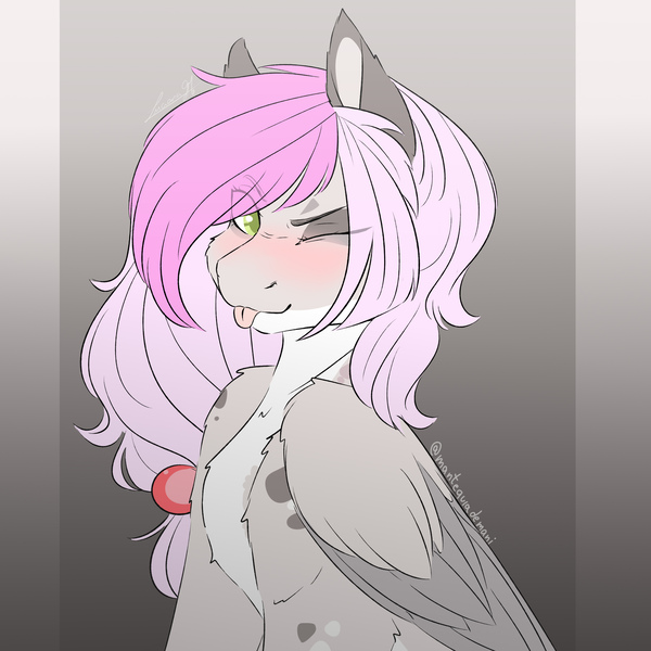 Size: 3189x3189 | Tagged: safe, artist:mantequiademani, derpibooru import, oc, unofficial characters only, pegasus, pony, eye clipping through hair, eyebrows, eyebrows visible through hair, gray background, image, jpeg, looking at you, raspberry, simple background, solo, tongue out