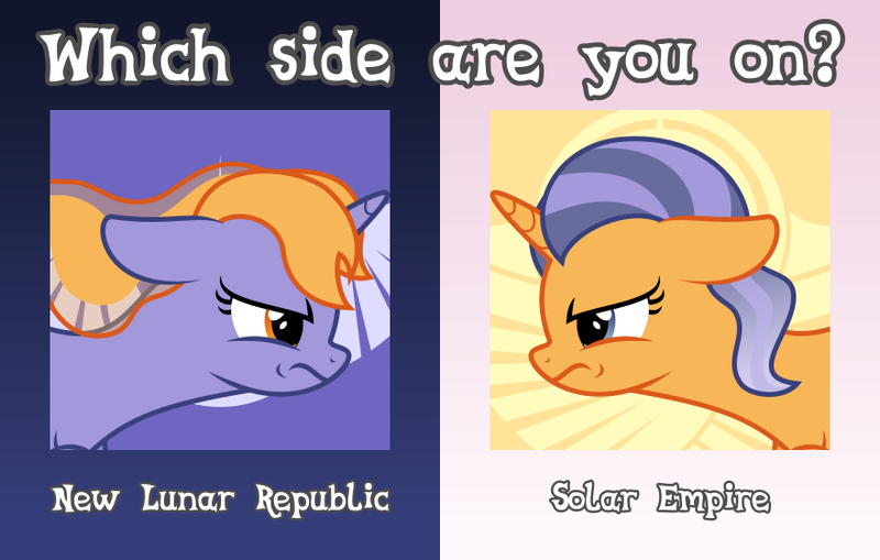 Size: 880x560 | Tagged: safe, artist:melisareb, derpibooru import, oc, oc:imperii solem (empirica sol), oc:lunae novae (new luna), ponified, unofficial characters only, pony, unicorn, derpibooru, .svg available, angry, april fools 2023, derpibooru exclusive, derpibooru ponified, duo, duo female, ethereal mane, female, gradient mane, image, implied princess celestia, implied princess luna, looking at each other, looking at someone, mare, meme, meta, new lunar republic, png, ponified meme, sibling rivalry, siblings, sisters, solar empire, vector, which side are you on?