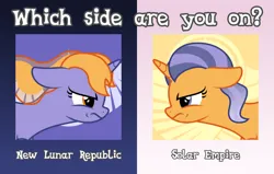 Size: 880x560 | Tagged: safe, artist:melisareb, derpibooru import, oc, oc:imperii solem (empirica sol), oc:lunae novae (new luna), ponified, unofficial characters only, pony, unicorn, derpibooru, .svg available, angry, april fools 2023, derpibooru exclusive, derpibooru ponified, duo, duo female, ethereal mane, female, gradient mane, image, implied princess celestia, implied princess luna, looking at each other, looking at someone, mare, meme, meta, new lunar republic, png, ponified meme, sibling rivalry, siblings, sisters, solar empire, vector, which side are you on?