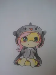 Size: 480x640 | Tagged: safe, artist:fluttersdoodles, derpibooru import, fluttershy, blushing, clothes, costume, image, jpeg, kigurumi, looking at you, pajamas, sitting