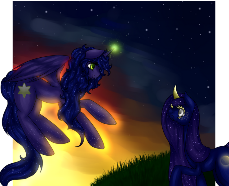 Size: 1024x831 | Tagged: safe, artist:kinjareta, derpibooru import, oc, oc:asterisk, oc:solar eclipse, unofficial characters only, alicorn, pony, duo, female, glow, glowing horn, horn, image, looking at each other, looking at someone, mare, png, side view, starry night, starry sky