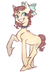 Size: 559x761 | Tagged: safe, artist:harusocoma, derpibooru import, oc, earth pony, pony, blue eyes, bow, brown mane, brown tail, choker, hair bow, image, png, simple background, smiling, solo, tail, transparent background, yellow coat