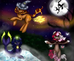 Size: 1024x854 | Tagged: safe, artist:kinjareta, derpibooru import, oc, oc:asterisk, oc:fiddletwig, oc:kaz, unofficial characters only, bat pony, earth pony, merpony, parasprite, bat pony oc, bat wings, broom, earth pony oc, floating, glow, glowing horn, group, horn, image, jpeg, moon, raised hoof, shadow, starry night, starry sky, water, wings