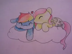 Size: 640x480 | Tagged: safe, artist:fluttersdoodles, derpibooru import, fluttershy, rainbow dash, ^^, cloud, eyes closed, forehead kiss, heart, image, jpeg, kissing, lying down, lying on a cloud, on a cloud, smiling
