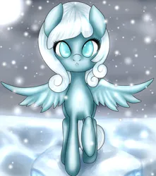 Size: 1024x1156 | Tagged: safe, artist:kinjareta, derpibooru import, oc, oc:snowdrop, unofficial characters only, pegasus, pony, female, image, looking at you, mare, pegasus oc, png, raised hoof, snow, snowfall, solo, wings
